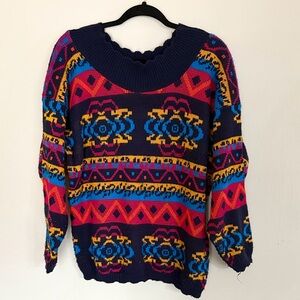 Vintage Croquet Club colorful scalloped hem sweater large